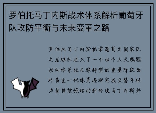 罗伯托马丁内斯战术体系解析葡萄牙队攻防平衡与未来变革之路